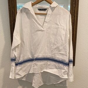 Zara White Linen Shirt with Blue Stripe Trim